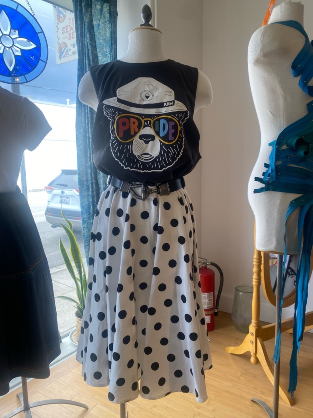 OOAK Upcycled Black 'Pride' Bear Graphic Tank with White Polka Dot Midi Skirt